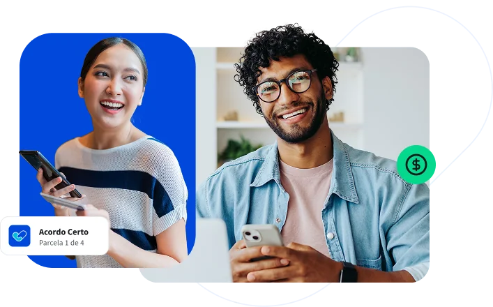 Um Homem e uma Mulher ambos felizes segurando seus smartphones