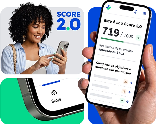 Uma mulher usando um celular e uma mão mostrando o Score 2.0 da Consumidor Positivo na tela do celular