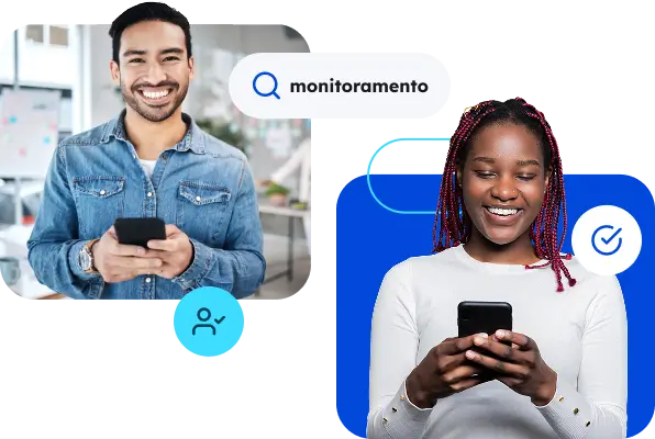 Um Homem e uma Mulher ambos felizes segurando seus smartphones