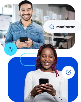 Um Homem e uma Mulher ambos felizes segurando seus smartphones